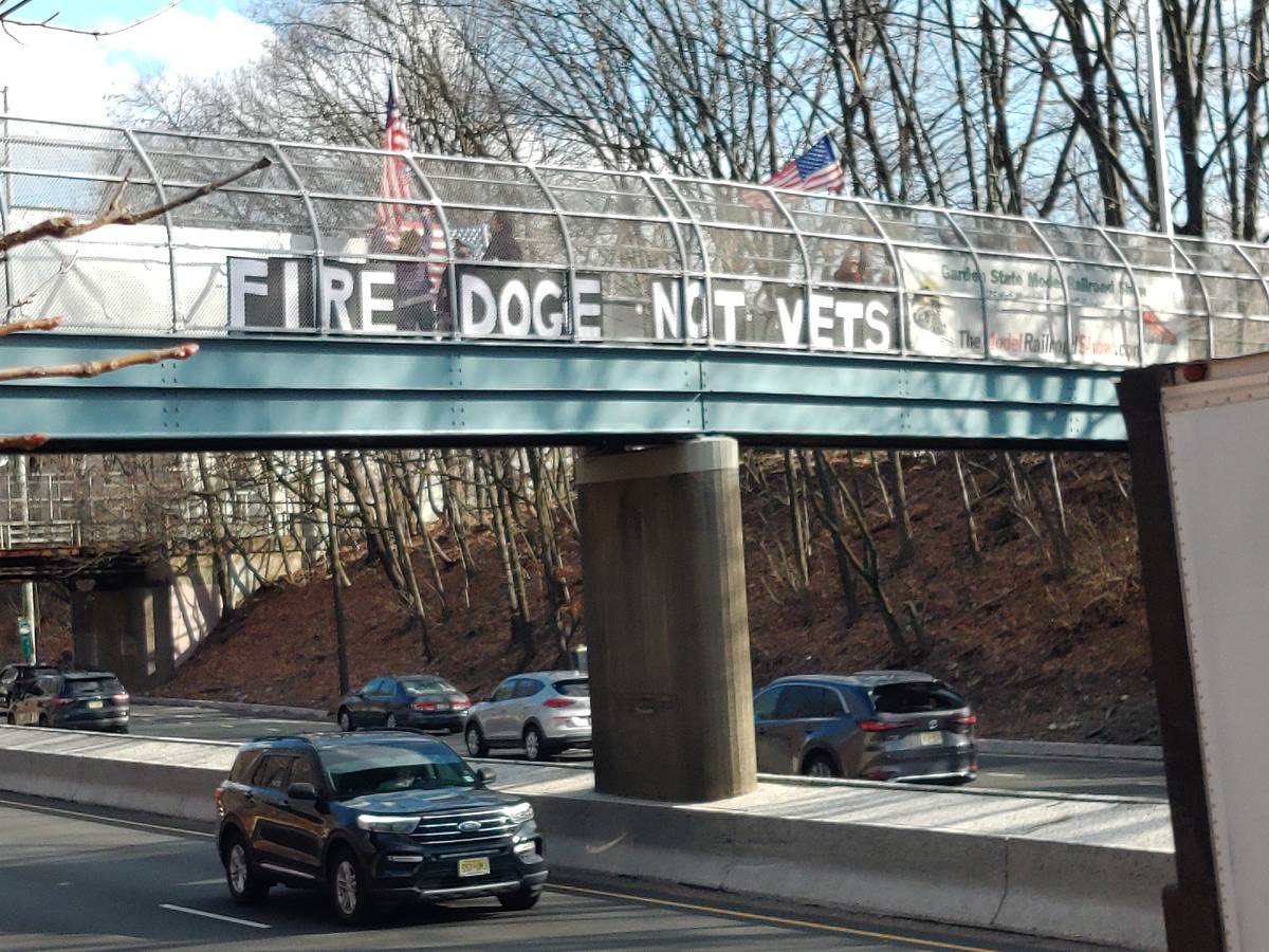 Protesters standing on a highway overpass holding a sign that says 'Fire DOGE Not Vets'